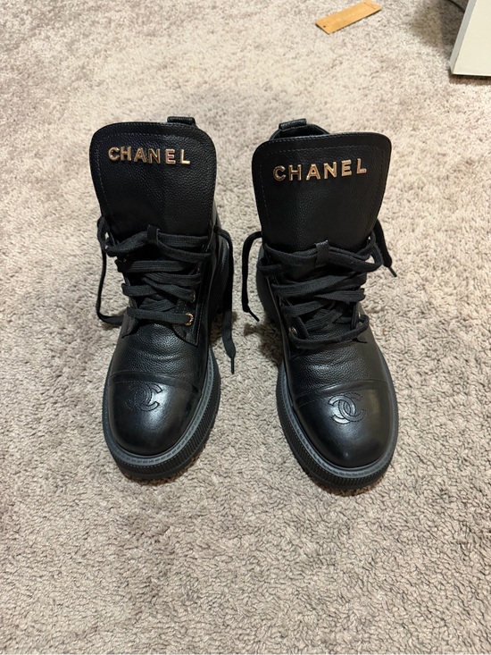 CHANEL Shoes - Chanel Black Leather Combat Boots Gold CC Logo Platform Lug Sole Women’s Size 9